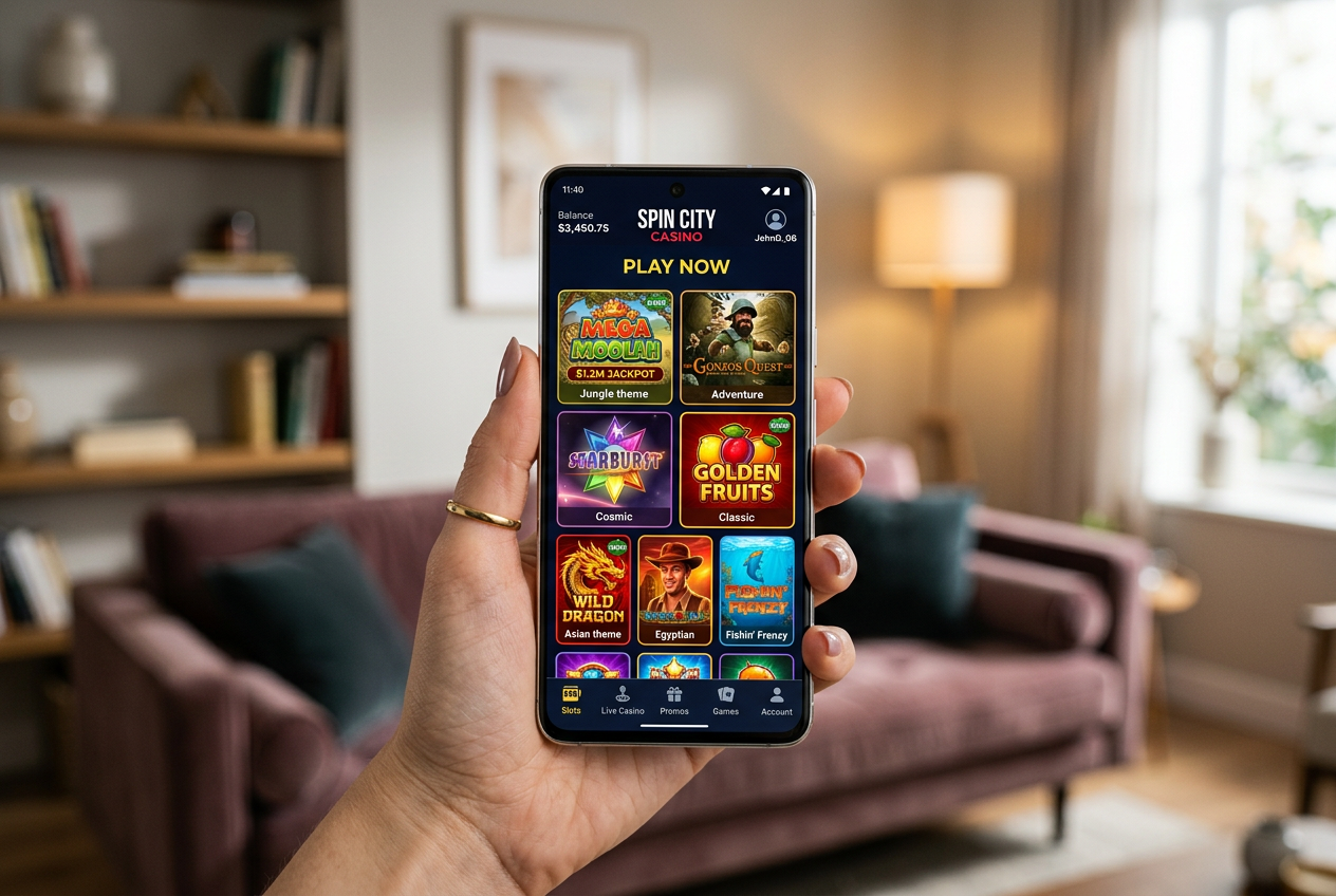 A close-up of a high-end smartphone displaying a legal online casino platform with slot games.