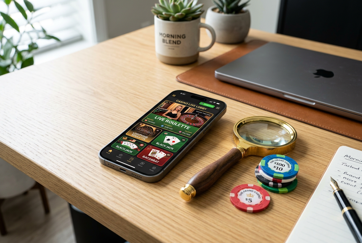Close-up of a smartphone with a casino app and a magnifying glass