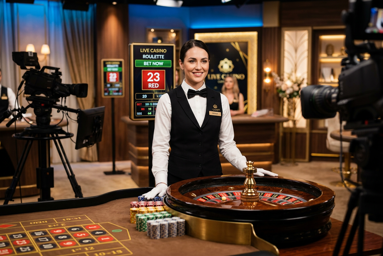 Modern live casino room with a roulette table and dealer